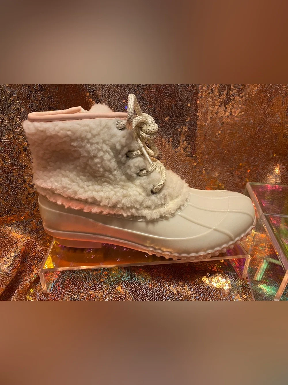 Magellan Outdoors Girls 4D Cream Sherpa Duck Boots | Pink Trim Winter Boots